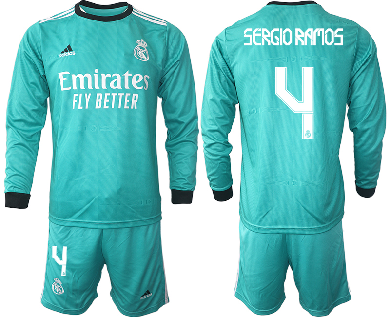 Men 2021-2022 Club Atletico Madrid second away blue Long Sleeve #4 Soccer Jersey